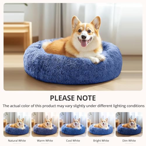 Image of JOLLYVOGUE Calming Dog Bed Medium Size Dog, 31in Donut Washable Medium Pet Bed, Anti-Slip & Anti-Anxiety Fluffy Faux Fur Round Dogs Bed, Fits up to 45 lbs Pets (Navy Blue)