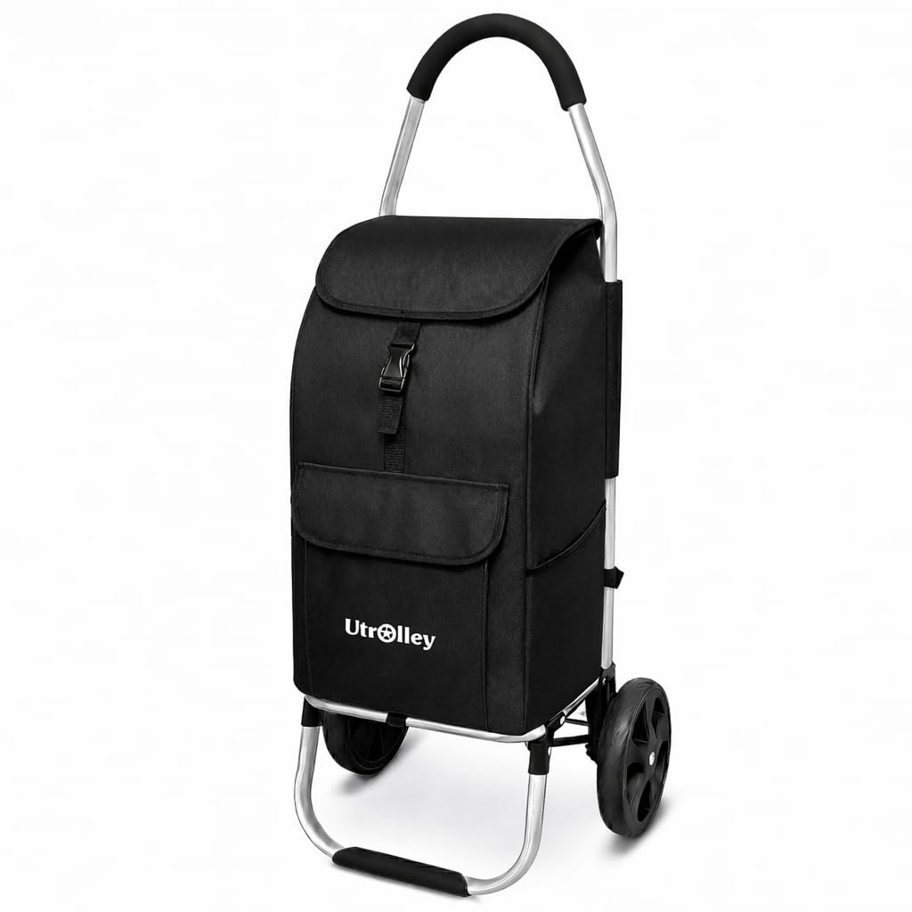 Ultra-Lightweight Black Foldable Shopping Cart for Groceries Large 42L Capacity Rubber Wheels, Removable Insulated Bag Liner, Durable Aluminum Frame, Multi-Function Personal Hand Truck