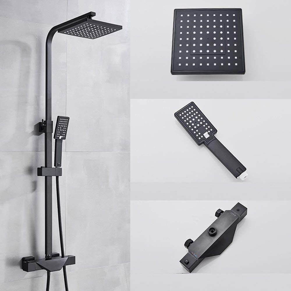 Système de douche thermostatique noir carré avec robinet de baignoire eau chaude et froide