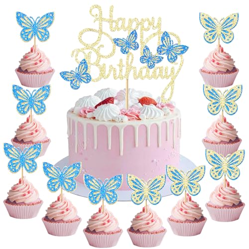 Happy Birthday Cake Topper Decoração de bolo borboleta, 13 peças Topper decoração de bolo borboleta, borboletas para decoração de bolos, top bolo para casamentos, festas, aniversários (C)