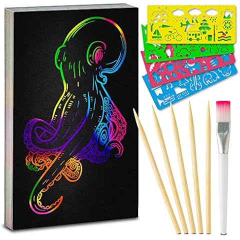 Scratch Picture Set for Children and Adults I 45 Sheets I Rainbow Scratch Paper for Drawing and Crafts I with Stencil Rulers, Wooden Pencils, Stickers and Brushes I A4 29.7 cm x 21 cm Cover