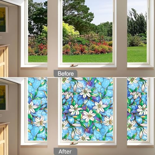 Image of MOCOCO Premium Vinyl Privacy Stained Window Glass Sticker (16x60 Inch) - Self-Adhesive Decorative Film Opaque Sheet Tint Wallpaper for Glass Cover Window, Door, Office.| Anti-UV. Blue Lily Flowers