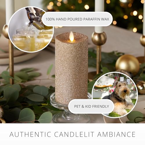Image of Luminara Realistic Artificial Flame Gold Glitter Pillar Candle - Moving Flame LED Battery Operated Lights - Unscented - Remote Ready - Remote Sold Separately - 3 inch x 6.5 inch