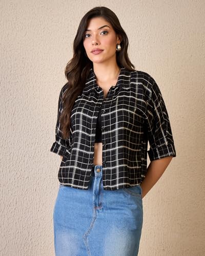 Image of Chimpaaanzee Women Checks Half Sleeve Crop Shirt