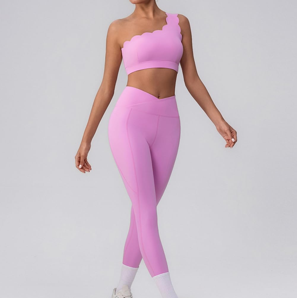Conjunto de 2 Piezas de Yoga para Mujer Un Hombro Brassieres Deportivas y Leggings de Cintura Alta en Cruzado Conjuntos de Ropa Deportiva de Verano Chándal para Gimnasio Entrenamiento Correr