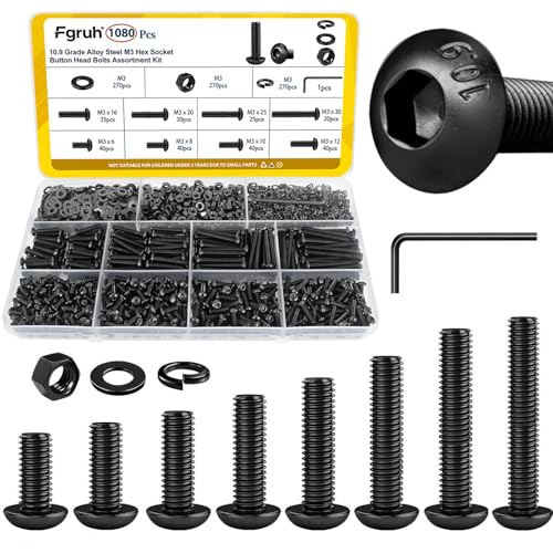 Image of 1080PCS M3 Screws Assortment Kit, M3x6 /8 /10 /12 /16 /20 /25 /30 mm Hex Button Head Screw, Nuts & Washers Assorted Set - 10.9 Alloy Steel Black Zinc Plated Bolts for 3D Printer, DIY