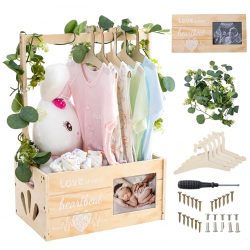 LLMQ Wooden Baby Shower Crate Closet Personalized Baby Shower Basket with Wreath & Hanger Love at First Sight Sonogram Picture Frame Easy Assembly Baby Clothes Storage Box for Pregnancy Gift