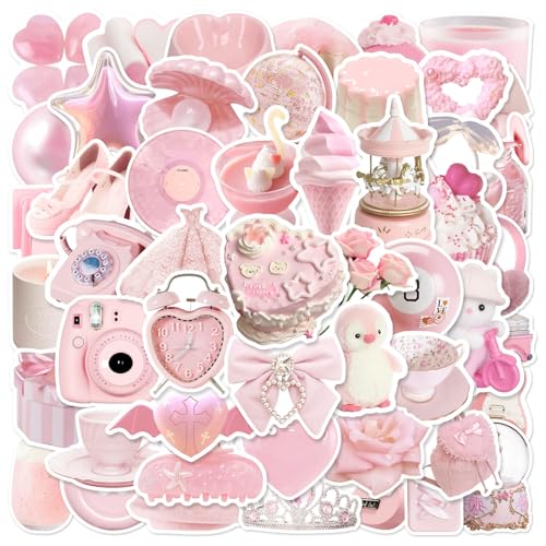 Kawaii Pink Aesthetic Stickers for Girls Women, 50pcs Aesthetic Pink Stickers for Scrapbook Journal Laptop, Waterproof Vinyl Decals for Laptop Water Bottle Notebook(Pink50)