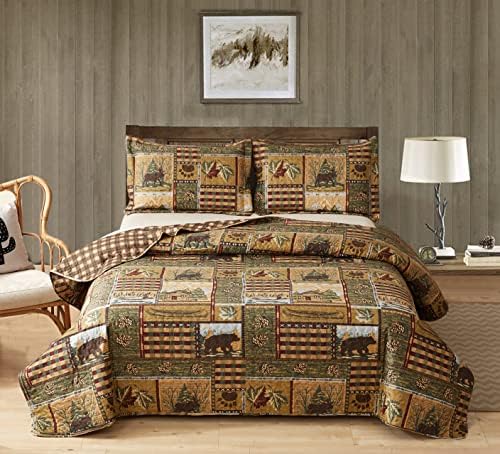 Ycosy Rustic Quilt Bedding Set Full/Queen Size Bedspread Coverlet Plaid Lodge Cabin Bedding Patchwork Country Quilts Brown Bear Lightweight Reversible Quilts Foreat Queen Bed Set with 2 Pillow Shams