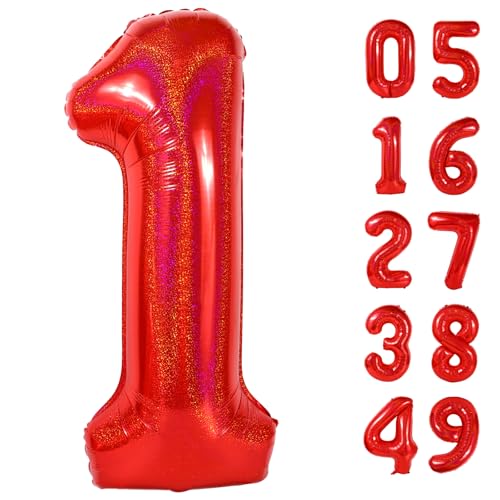 Image of 40 Inch Laser Red 1 Balloon for First Birthday, 1st Number Balloons Birthday Decorations, One Giant Number 1 Balloon
