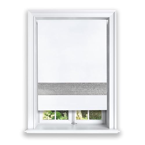 Lister Cartwright Diamante Roller Blinds For Windows - 90 x 165 CM - Easy to Fit Blackout Roller Blinds with Child Safety Included - White Color