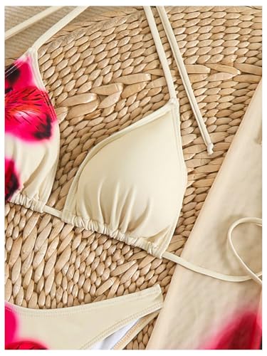 Verdusa Women's 3 Piece Boho Floral Print Bikini Set Halter Triangle High Cut Swimsuit with Cover Up4