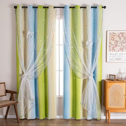 Image of 52x95 Mix & Match Double Layer Laser-Cut Stars Gradient Blackout Curtains with Foil Print Sheer, 2 Panels Set - Green Yellow Blue