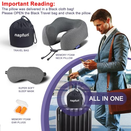 napfun Travel Pillow, 100% Pure Memory Foam Neck Pillows for Travel Airplane Headrest Flight Plane Accessories, Deep Grey, Medium (120-200LB)