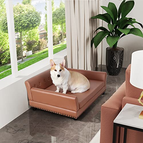 BingoPaw Hundesofa XXL für Große Hunde: Luxus Hundecouch aus atmungsaktivem wasserdichtem Leder - Mordern Haustiersofa mit Rückenlehne orthopädisches Hundekissen und Holzbeinen - Braun 120x74x40cm