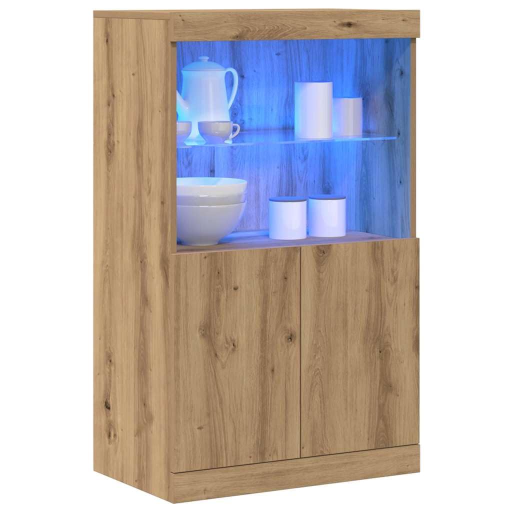 Deskorolka LED brązowa z materiału drewnopochodnego 60 x 37 x 100 cm z paskami LED RGB, drzwiczkami na płaszczyźnie, szklane regały, idealna jako kredens, szafka do jadalni i salonu