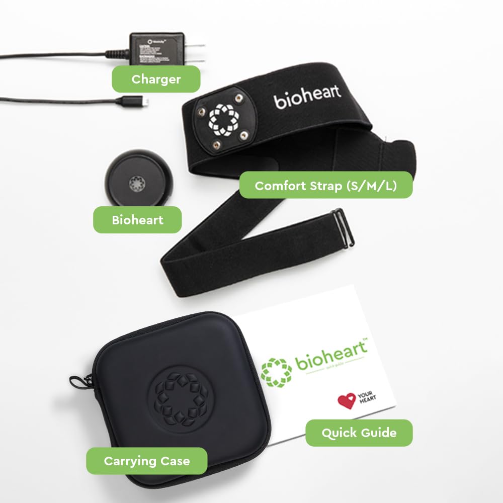 Monitor de frecuencia cardíaca Bluetooth Bioheart | Monitor de frecuencia cardíaca continua | Dispositivo móvil de frecuencia cardíaca con correa para el pecho | Suscripción de un año incluida