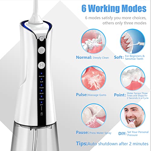 TUREWELL Water Dental Flosser Cordless, Oral Irrigator for Teeth Cleaner, 5 Jet Tips and 6 Modes, IPX7 Waterproof , 300ML Portable Water Dental Oral Care for Home and Travel