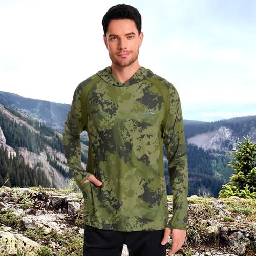 Image of Men's UPF 50+ Hoodie Shirt Long Sleeve Permanent UV Sun Protection Vented Tee Performance for Outdoor Hiking Fishing
