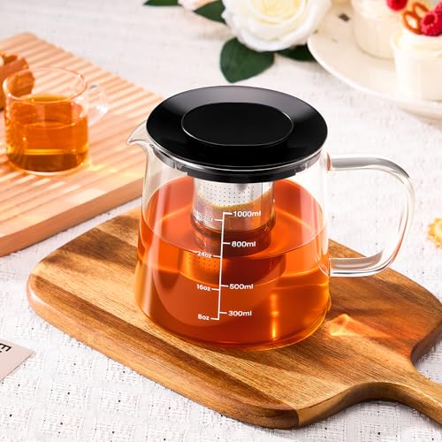 Image of PARACITY Glass Teapot Stovetop 33OZ, Borosilicate Clear Tea Kettle with Removable 18 /8 Stainless Steel Infuser, Teapot Blooming and Loose Leaf Tea Maker Tea Brewer (transparent-scale, 34oz)