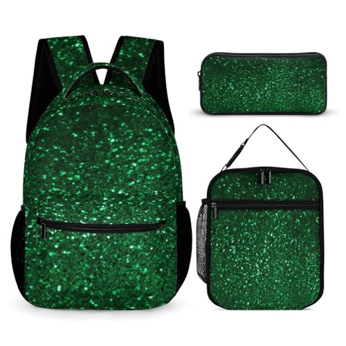 Green Sequin Sparkle Printed Backpack With Lunch Pack Storage Box Case 3pcs Lightweight Travel Backpack