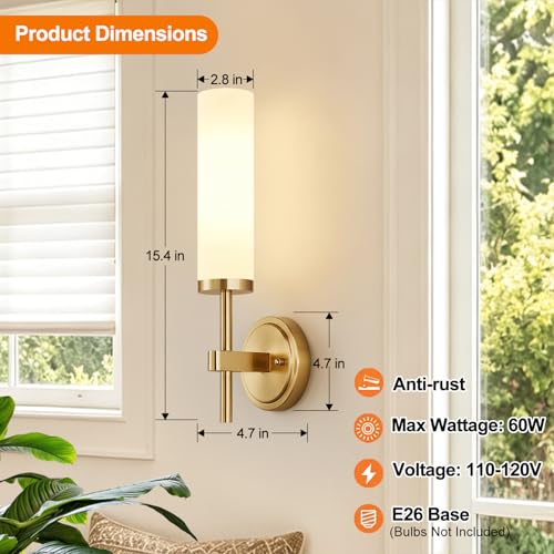 Image of [Hardwired] Wall Sconces Set of Two, Brushed Gold Bathroom Sconces with Milky White Glass, Modern Wall Light Fixtures for Bathroom Mirror Vanity, Living Room, Hallway, Stairway, Cabinet, Foyer