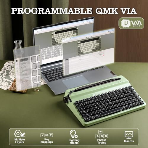 Image of YUNZII QL75 Wireless Typewriter Hot Swap Retro Mechanical Keyboard,Punk Round Keycaps,RGB Backlit QMK /VIA Programmable,Multi-Device Keyboard with 2.4GHz /Type-C /BT5.0 (Green, Onyx Switch)