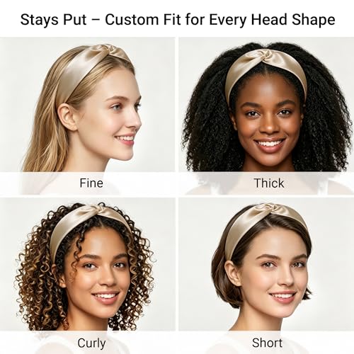 Image of ZLYC Mulberry Silk Headband for Women's Hair, Solid Pale Beige | smooth luxury real silk, stretch elastic no slip fit, makeup spa skincare use, travel daily wear,boho fashion hair accessory