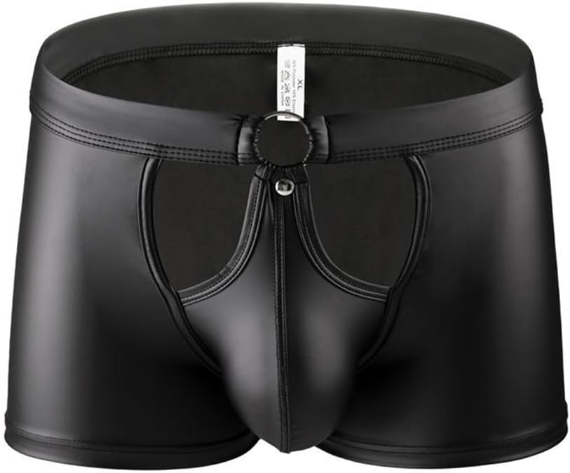 Mens Faux Leather Boxer Shorts Bugle Pouch Underwear Trunks PU Leather Shorts Pants