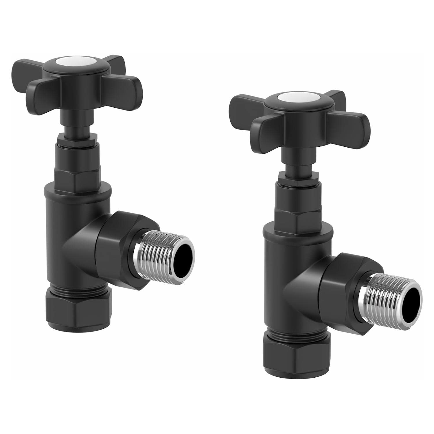DuraTherm Traditional Manual Angled Towel Radiator Valve Set, 15mm Central Heating Valves for Radiators, Round Crosshead, Black