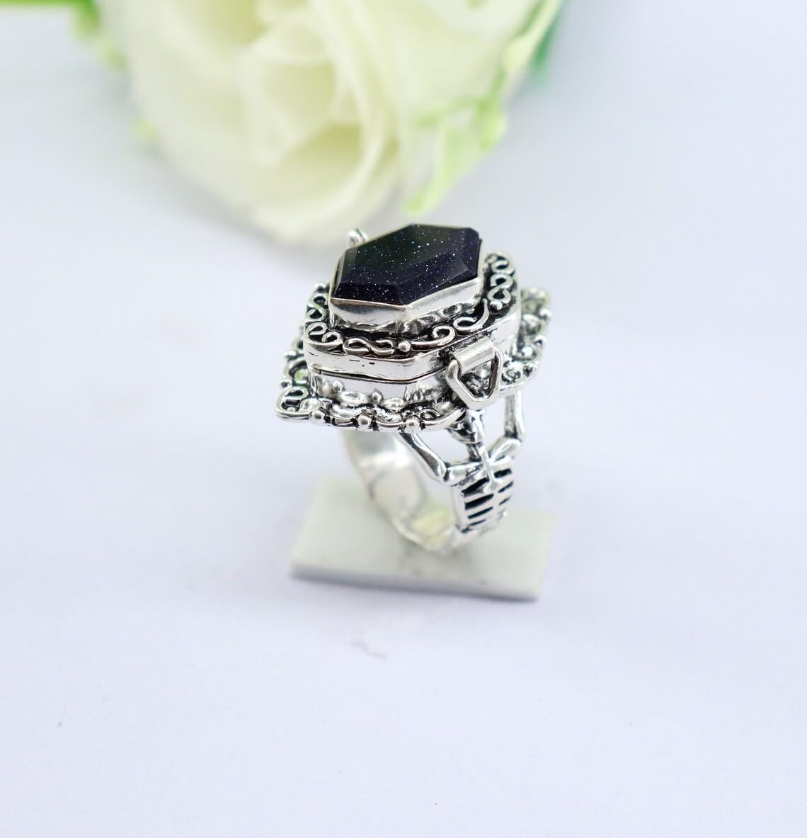 Blue sand stone Poison Ring,925 sterling Silver poison Ring,Skeleton Ring,Compartment Poison Box Ring,Handmade locket ring Ring,Gift for Her