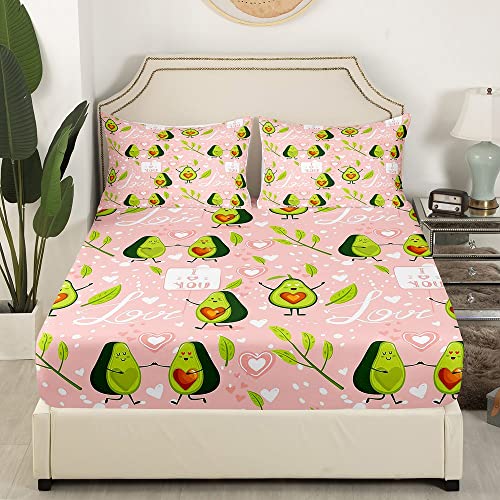 Erosebridal Avocado Bed Sheet For Kids Boys Girls,Cute Cartoon Avocado Love Heart Sheet Set Queen,Tropical Fruits Leaves Printed Bedding Set,Botanical Leaf Fitted Sheet + Top Sheet + 2 Pillowcases #TOP2