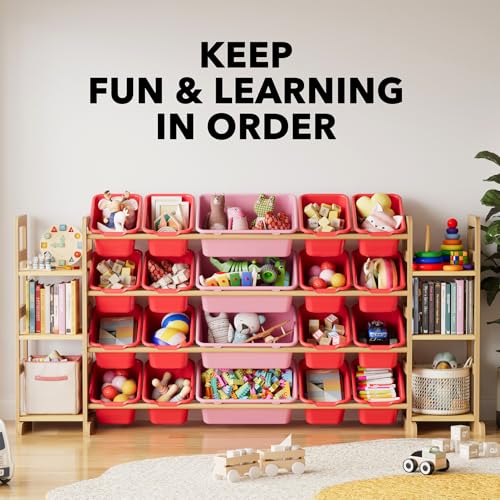 Image of SpaceAid Toy Storage Organizer with 6 Shelves and 20 Bins, Toy Organizers Storage Bookshelf, Kids Bin Shelf Toys Box Bookcase for Bedroom Playroom Organization Room Decor, Red and Pink