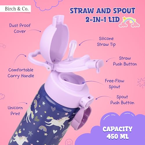 Image of Kids Water Bottle - Water Bottles for School - Dualcap Sipper WaterBottle for Kids - Waterbottle for Girls and Boys, Stainless Steel 316, Spill-Proof, BPA-Free, Perfect for School and Play, Unicorn