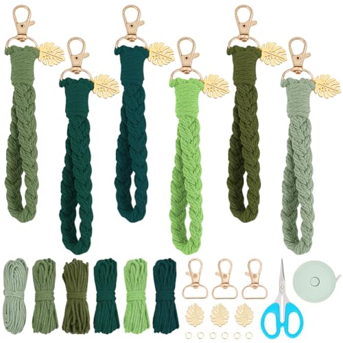 FREEBLOSS 6 Set DIY Macrame Leaf Key Chain Kit Boho Macrame Keychain Kit Macrame Lanyards Kit Crafts Projects DIY Macrame Kit for Macrame Beginners with Instruction