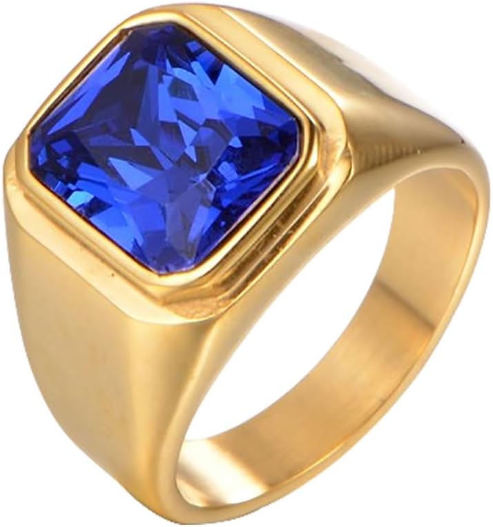 10K Gold 2.0Ct Sapphire Signet Ring for Men 10K/14K/18K Real Yellow Gold Asscher Cut Sapphire Ring for Men Birthstone Mens Ring for Engagement Fathers Day 4-18