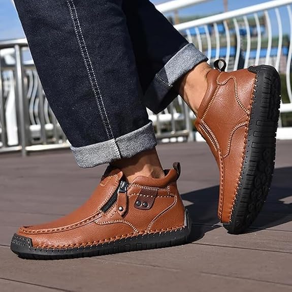 The First Young Driving Boots Men, Vintage Handmade Premium Leather Slip on Driving Boots Travel & Outdoor, Waterproof2
