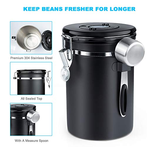 Zwoos Koffieblik luchtdicht - koffiebonen blik van roestvrij staal met CO2-ventiel - met maatlepel - 1,8 l (zwart) - Image 3