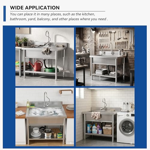 Image of 39 inch Stainless Steel Utility Sink with Workbench, Freestanding Single Bowl Laundry Sink with Hot & Cold Water Connection, Large Garage Sink for Kitchen, Farmhouse, Outdoor & Commercial Use