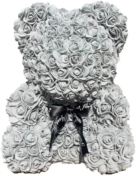 Large Rose Bear,16in Rose Teddy Bear, Handmade Fully Assembled Artificial Flower Roses,Gift for Women,Christmas, Valentines Day, Birthday, Anniversary - Clear Gift Box (White)