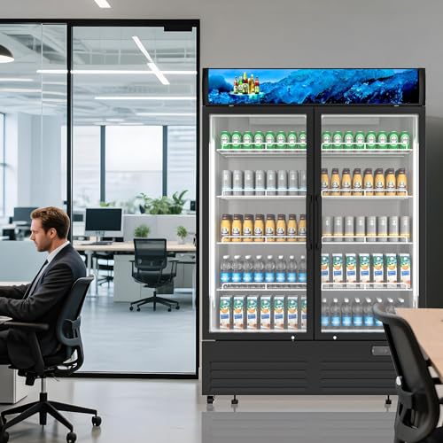 Commercial Beverage Refrigerator 2 Glass Door, 36 Cu.ft Commercial Upright Display Merchandiser Refrigerator, Beverage Cooler with LED Light, Lock Wheels, Adjustable Shelf for Bar, Shop - Image 3