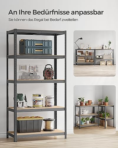 SONGMICS Schwerlastregal, Kellerregal, Lagerregal, 50 x 100 x 200 cm, Regal mit Stahlgestell, bis 600 kg belastbar, 5 verstellbare Ablagen, grau GLR050G01