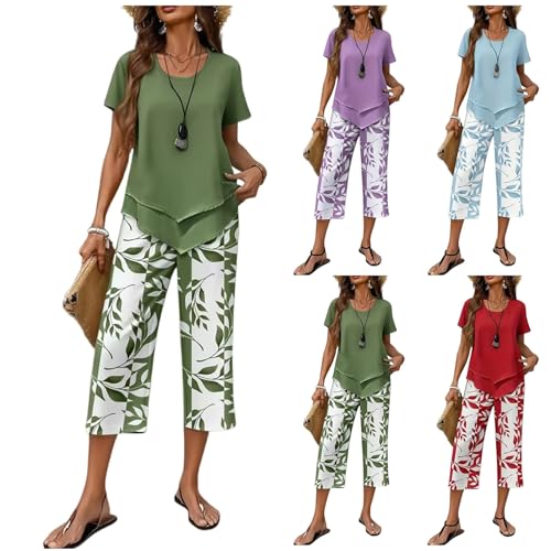 Capri Sets Women 2 Piece Outfits Tiered Top and Wide Leg Capris Pants Summer Lounge Sets Beach Vacation Outfits Green