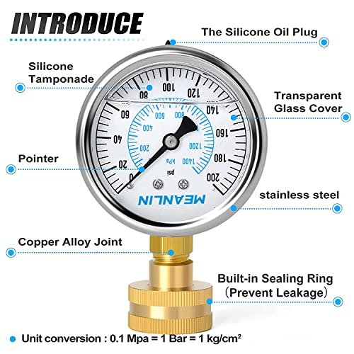 Image of MEANLIN MEASURE 0~200Psi Stainless Steel Frame 3 /4 inch Female 2.5 inch FACE DIAL Liquid Filled Pressure Gauge WOG Water Oil Air Water Pressure Test Table with Sealing Ring