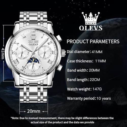 Image of OLEVS Mens Automatic Watch Mechanical Self Winding Luxury Business Dress Moon Phase Stainless Steel Calendar Wrist Watches for Men Waterproof Luminous