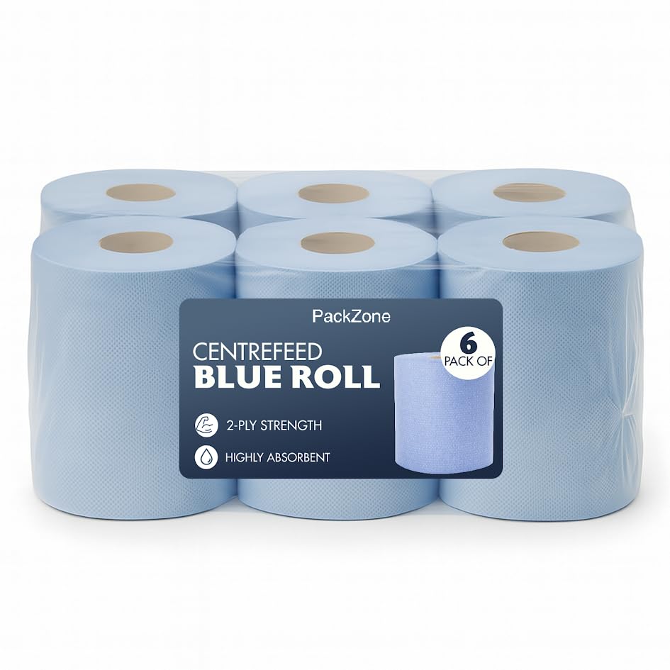PackZone Your A-Z Source Blue Roll 2ply - Embossed Center Feed | Commercial/Kitchen Use Paper Towel | Wipe Away Messes | Pack of 1 (6 Rolls)