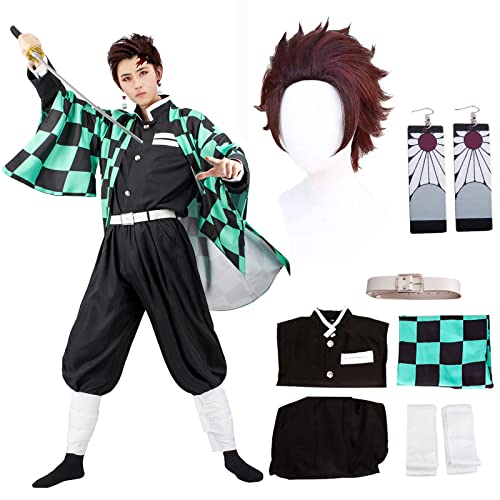 JYakeji 8 Stück Tanjirou Cosplay Kostüm mit Earrings, Demon Slayer Tanjirou Cosplay Kimono Halloween Jacke Kostüm Anime Mantel Outfit für Erwachsene und Kinder (XL)