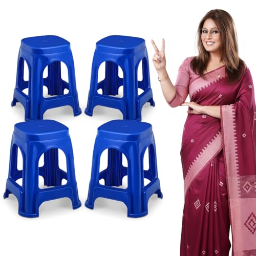 Image of MAHARAJA Strong & Durable Stool | Modern Beige Polypropylene Stackable Stool | Set of 1, Pre-Assembled (Blue, Pack of 4)