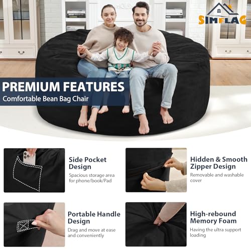 6FT Bean Bag Chair, Large Bean Bag Chairs with Memory Foam Filled, Fluffy Beanbag Sofa with Dutch Velvet Cover, Round BeanBag Chairs for Living Room, Playroom - Black