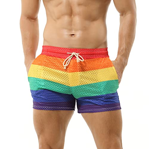 DTODWW Mens Workout Shorts Rainbow Stripe Mesh Shorts 3 Inch Men Running Shorts Breathable with Pockets for Athletic Gym